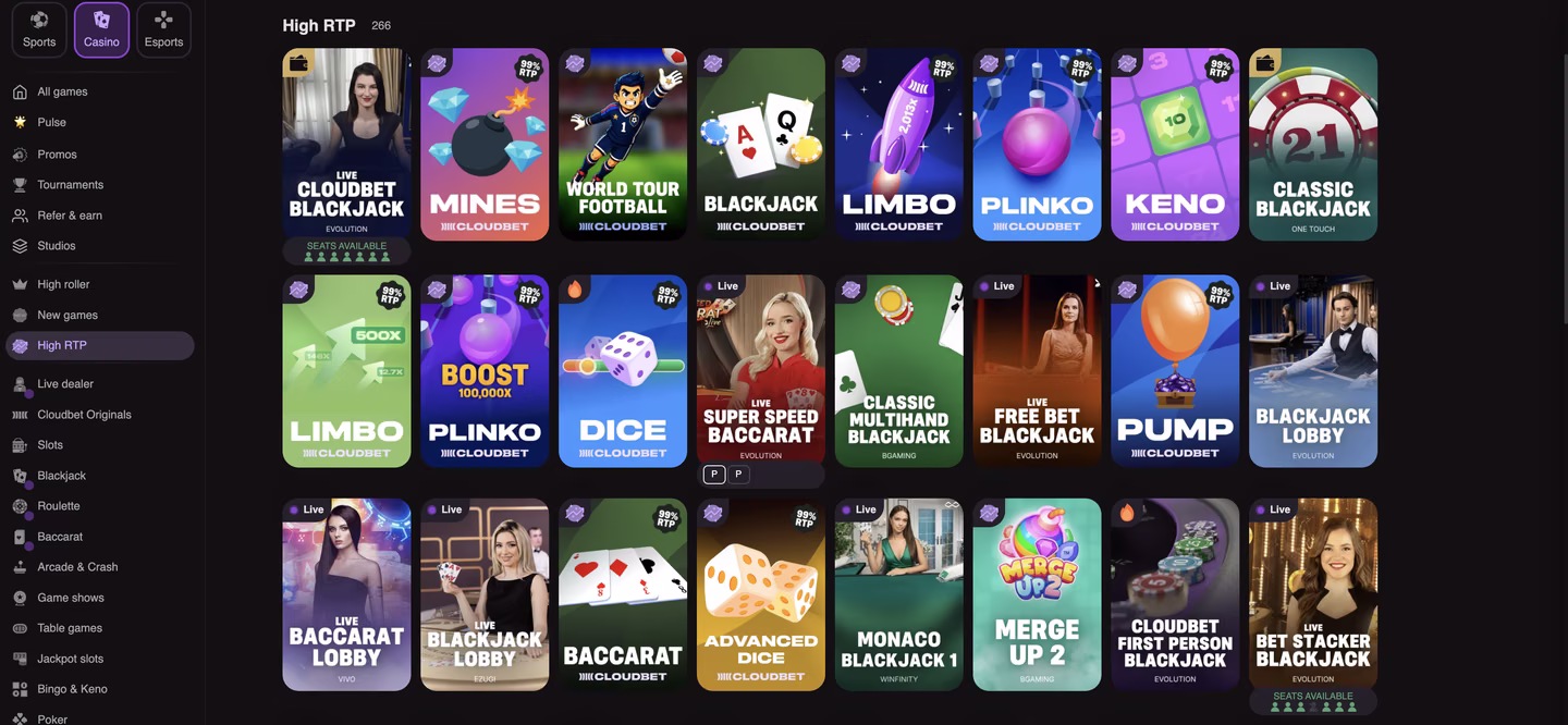 Cloudbet’s casino lobby filtered to High RTP, counting 266 games, with a sidebar running Live dealer, Cloudbet Originals, Slots, Blackjack, Roulette, Baccarat, Arcade & Crash, Game shows, Table games, Jackpot slots, Bingo & Keno and Poker, over tiles for Mines, Limbo, Plinko and Keno at 99% RTP beside live tables from Evolution, Vivo, Ezugi, BGaming and Winfinity