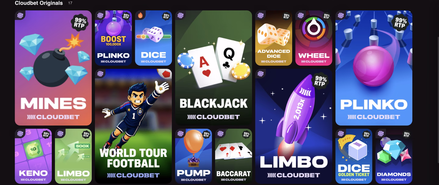 The Cloudbet Originals section listing 17 in-house games, where Mines, Plinko, Dice, Limbo, Keno, Pump, Baccarat, Wheel, Advanced Dice, Dice Golden Ticket and Diamonds each carry a 99% RTP badge, alongside Blackjack and World Tour Football