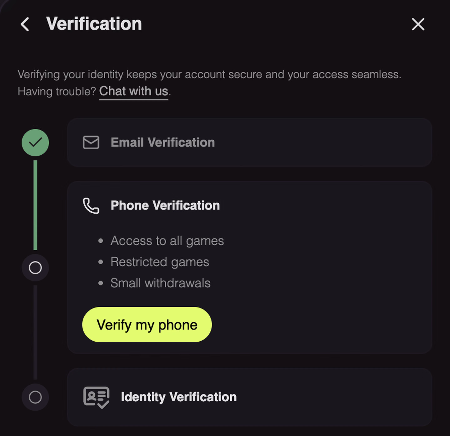 Cloudbet’s Verification panel, with email verification ticked off and phone verification still open, the phone step promising access to all games, restricted games and small withdrawals behind a Verify my phone button, and identity verification sitting unstarted underneath