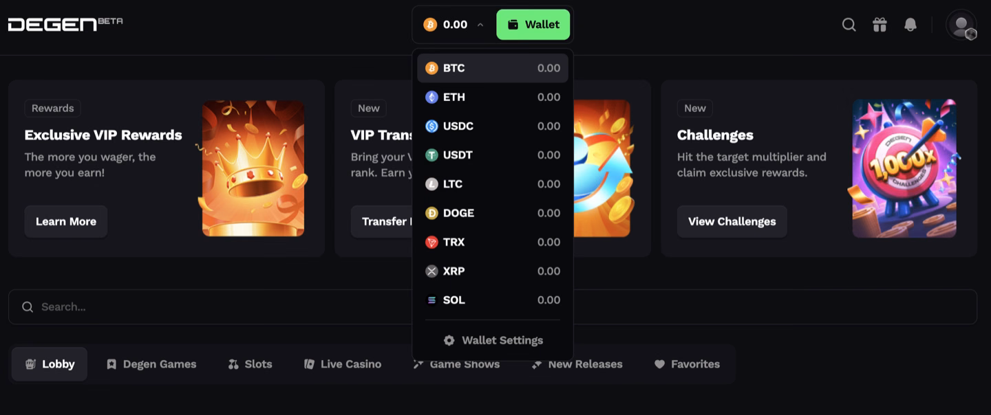 The Degen wallet menu open from the site header, listing all nine supported coins at a 0.00 balance, BTC, ETH, USDC, USDT, LTC, DOGE, TRX, XRP and SOL, above a Wallet Settings link, with the lobby's Exclusive VIP Rewards, VIP Transfer and Challenges promo cards behind it