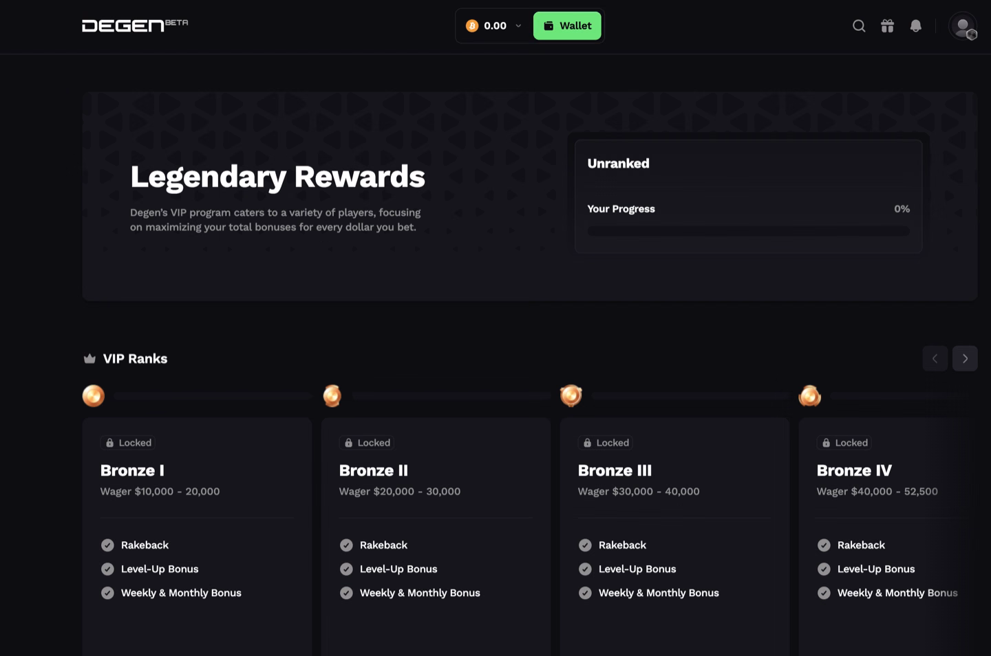 Degen's VIP Ranks page, headlined Legendary Rewards with the account showing as Unranked on 0% progress, above four locked Bronze cards: Bronze I at $10,000–20,000 wagered, Bronze II at $20,000–30,000, Bronze III at $30,000–40,000 and Bronze IV at $40,000–52,500, each listing rakeback, a level-up bonus and a weekly and monthly bonus