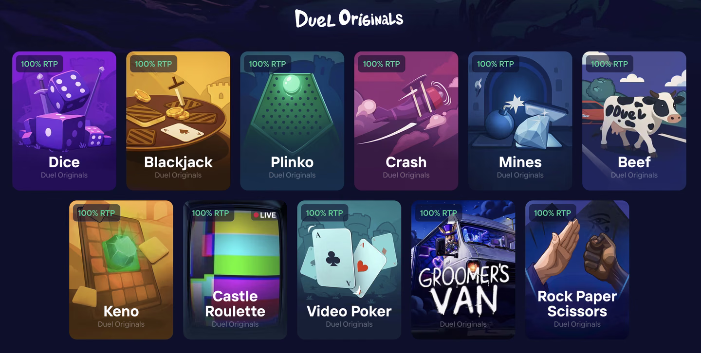 Duel's Originals lobby, with a 100% RTP badge on every tile, running Dice, Blackjack, Plinko, Crash, Mines and Beef across the top row and Keno, Castle Roulette, Video Poker, Groomer's Van and Rock Paper Scissors below