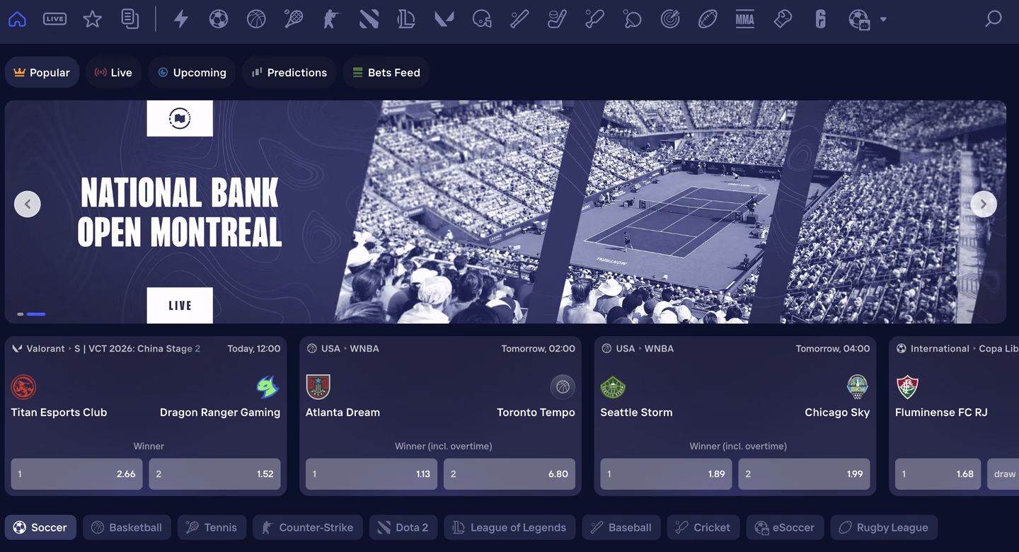 Duel's sportsbook on the Popular tab, showing a National Bank Open Montreal live banner above fixture cards for Titan Esports Club against Dragon Ranger Gaming in Valorant VCT 2026 at 2.66 and 1.52 and Atlanta Dream against Toronto Tempo at 1.13 and 6.80, over a filter row of Soccer, Basketball, Tennis, Counter-Strike, Dota 2, League of Legends, Baseball, Cricket, eSoccer and Rugby League