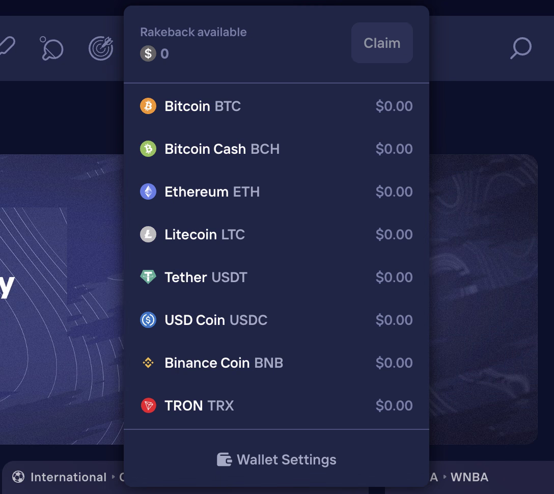 Duel's wallet menu, headed Rakeback available at $0 with a Claim button, above balances of $0.00 for Bitcoin, Bitcoin Cash, Ethereum, Litecoin, Tether, USD Coin, Binance Coin and TRON and a Wallet Settings link