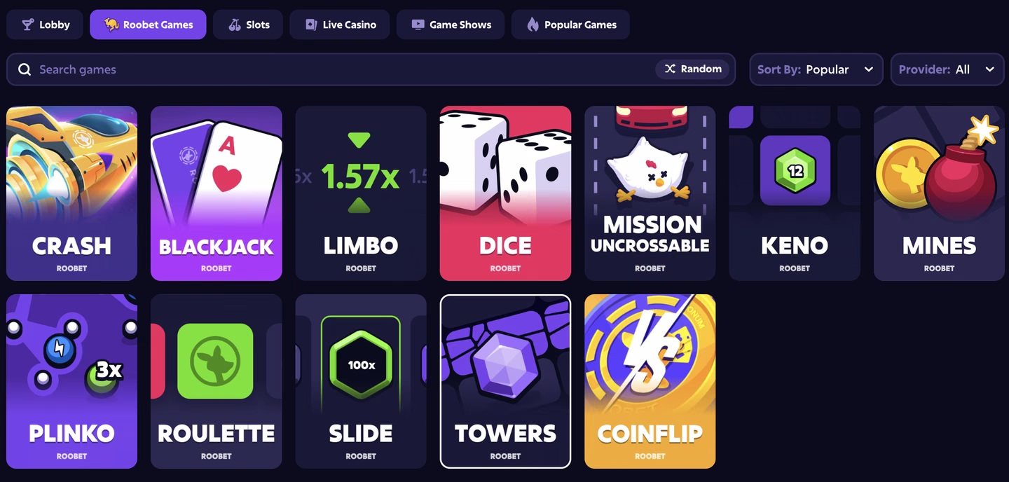 Roobet's Roobet Games tab, where a Search games box with Sort By Popular and Provider All filters sits above in-house tiles for Crash, Blackjack, Limbo, Dice, Mission Uncrossable, Keno, Mines, Plinko, Roulette, Slide, Towers and Coinflip, each labelled Roobet