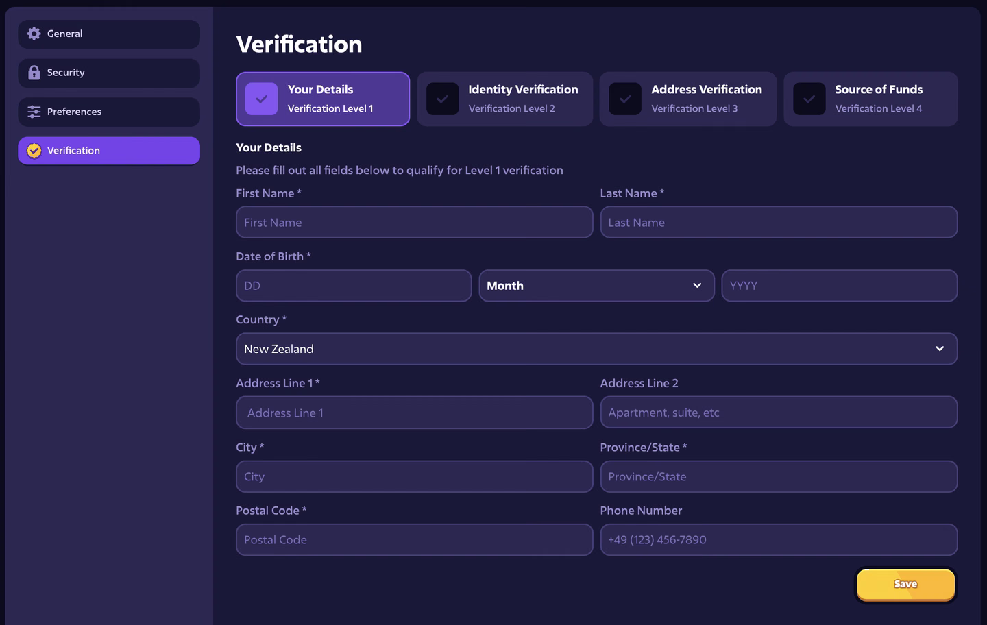 Roobet's account Verification page, with Your Details at Verification Level 1 selected alongside Identity Verification at Level 2, Address Verification at Level 3 and Source of Funds at Level 4, and the Level 1 form asking for first name, last name, date of birth, country and a full postal address