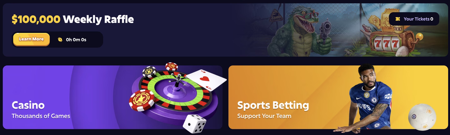 Roobet's logged-in home page, where a $100,000 Weekly Raffle banner carries a Learn More button, a countdown reading 0h 0m 0s and a Your Tickets 0 counter, above split tiles for Casino, headed Thousands of Games, and Sports Betting