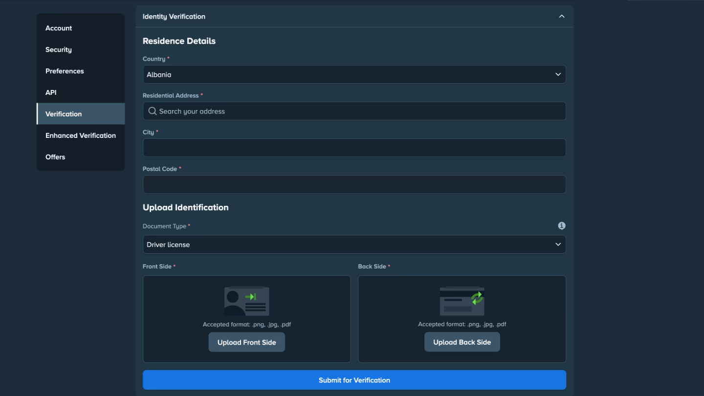 Stake.com's identity verification screen, listing the four KYC levels and the documents each one asks for