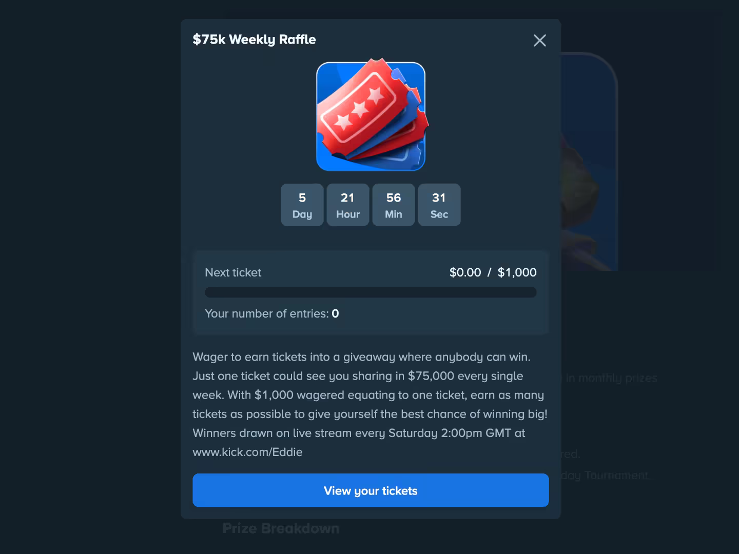 Stake.com's $75,000 Weekly Raffle page, showing the prize split and how tickets are earned per $1,000 wagered