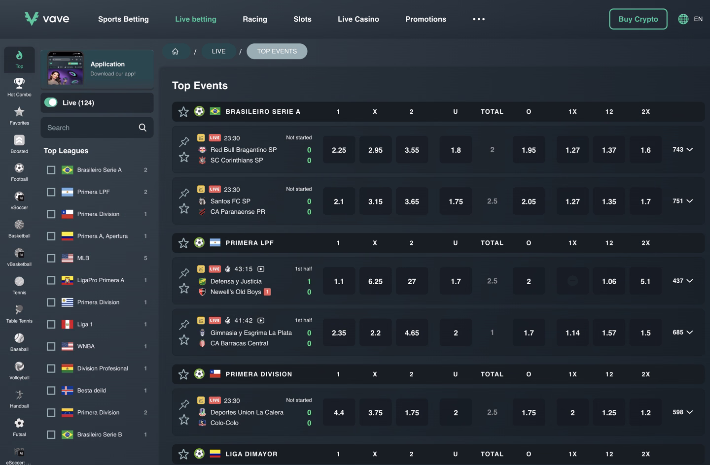 Vave's live betting page on Top Events, showing 124 matches in play and a 1, X, 2 grid across Brasileiro Serie A, Primera LPF, Primera Division and Liga Dimayor, with Red Bull Bragantino against SC Corinthians priced at 2.25, 2.95 and 3.55 and Defensa y Justicia against Newell's Old Boys at 1.1, 6.25 and 27 in the 43rd minute, plus totals, double chance and a per-market count such as 743 additional markets, next to a left rail running from football and tennis to futsal and eSoccer