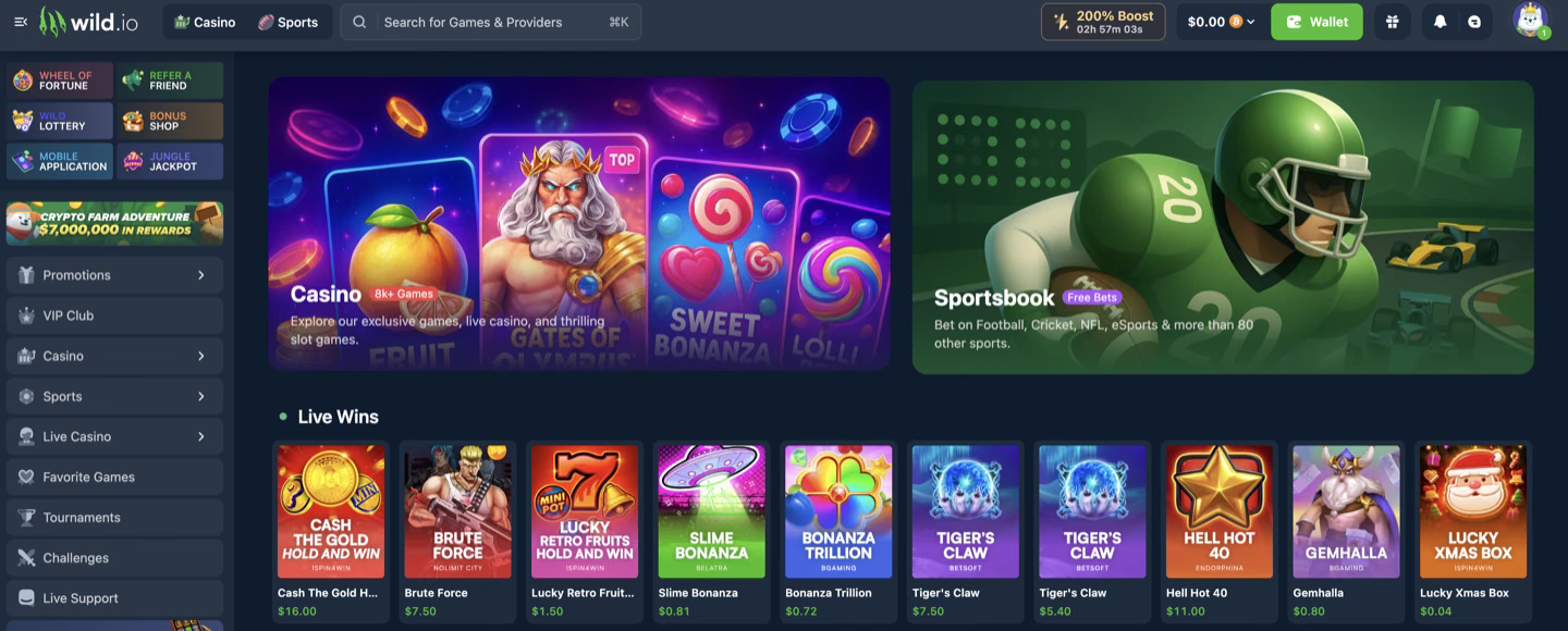 Wild.io's home page, where the casino tile carries an 8k+ Games badge next to a sportsbook tile offering football, cricket, NFL, eSports and more than 80 other sports, above a Live Wins row running Cash The Gold, Brute Force and Lucky Retro Fruits at payouts from $0.04 to $16