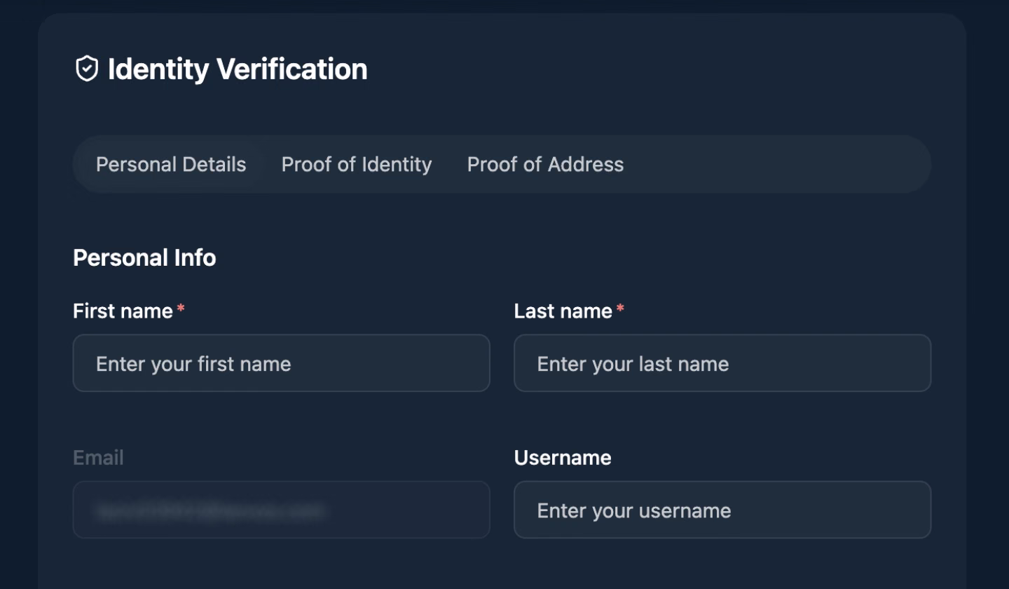 Wild.io's Identity Verification page, divided into Personal Details, Proof of Identity and Proof of Address tabs, with the first step asking for a first name, last name and username alongside an Email field whose address has been blurred out